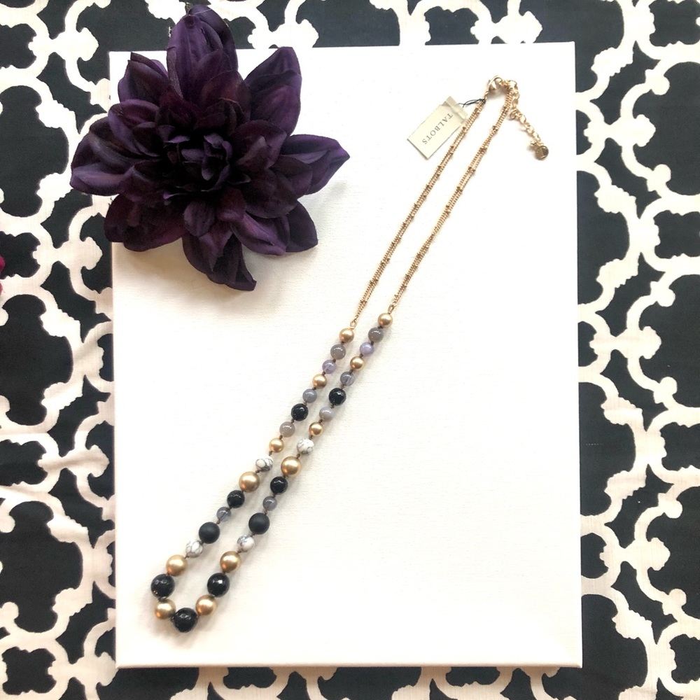 NWT $49.50 Talbots 33in Gold Tone Necklace Black Gray Gold & Gray Marbled Beads